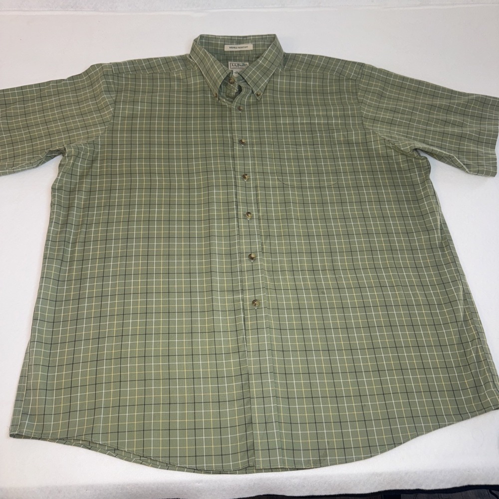 LL Bean Mens XXL Regular Green Plaid Wrinkle Resistant Cotton SS Button Down